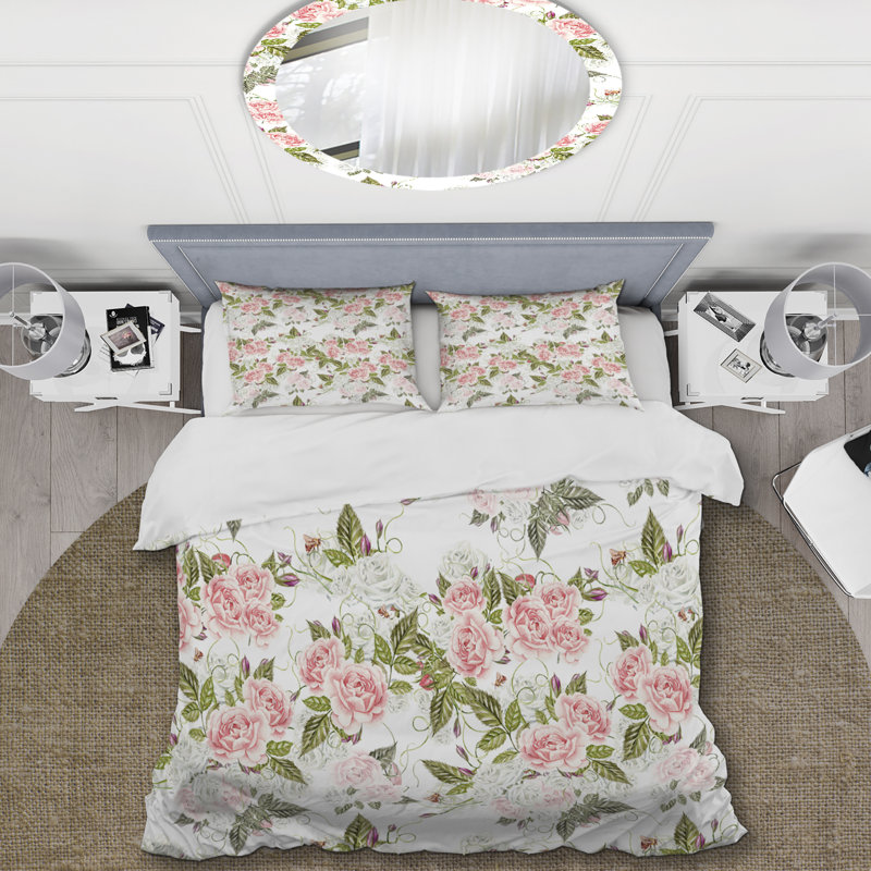 Roses roses et feuille verte - ensemble de housse de couette floral - microfibre de polyester