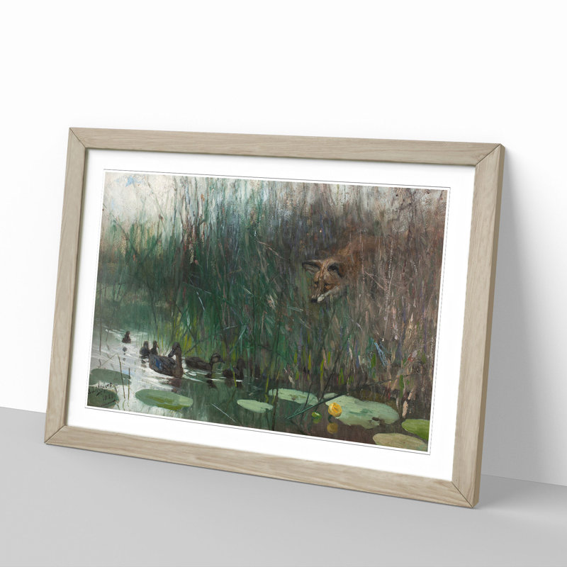 Fox Stalking Ducks by Bruno Liljefors - Picture Frame Painting, Oak Framed, 36cm H x 48cm W x 2cm D