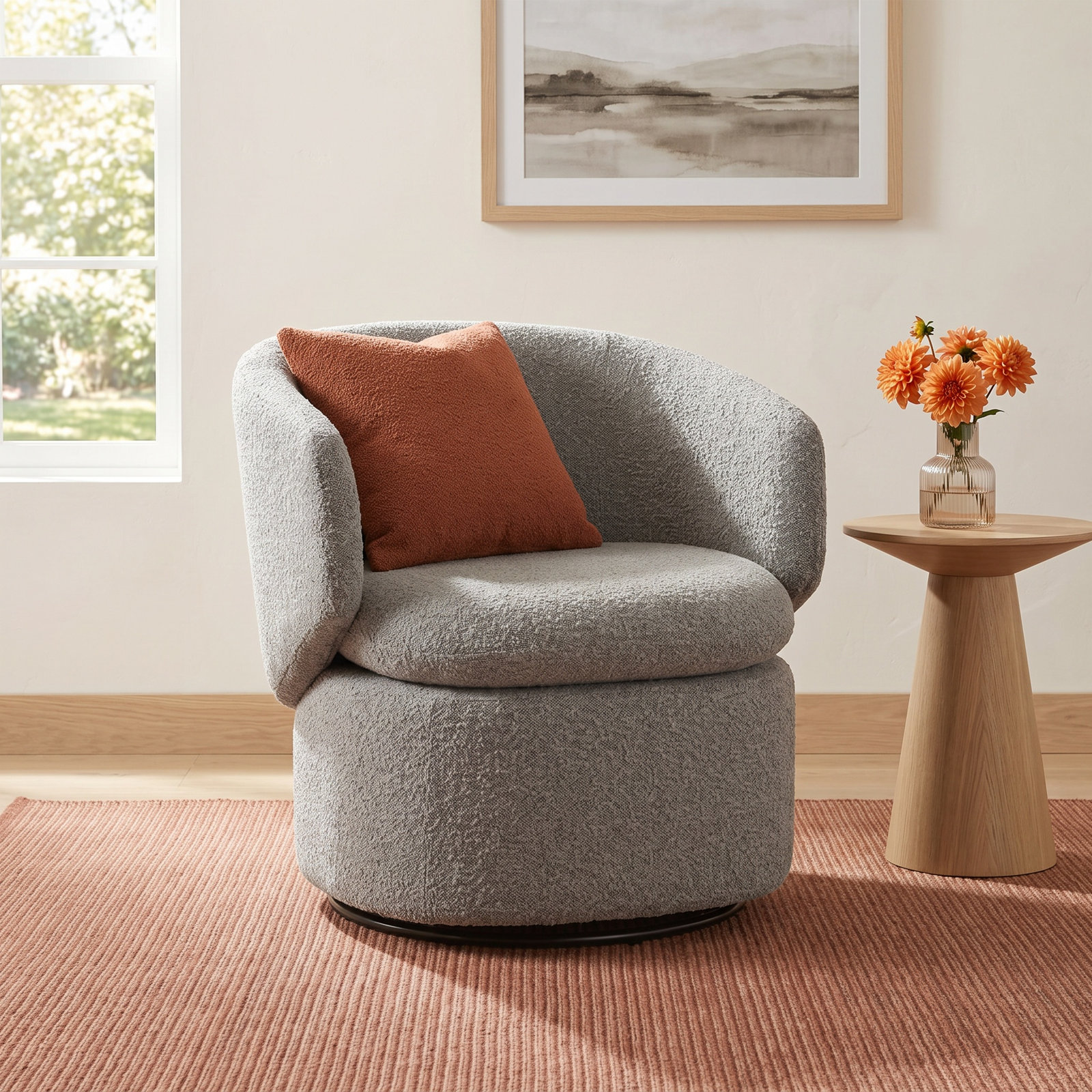 Janice Pine Swivel Barrel Chair, Gray