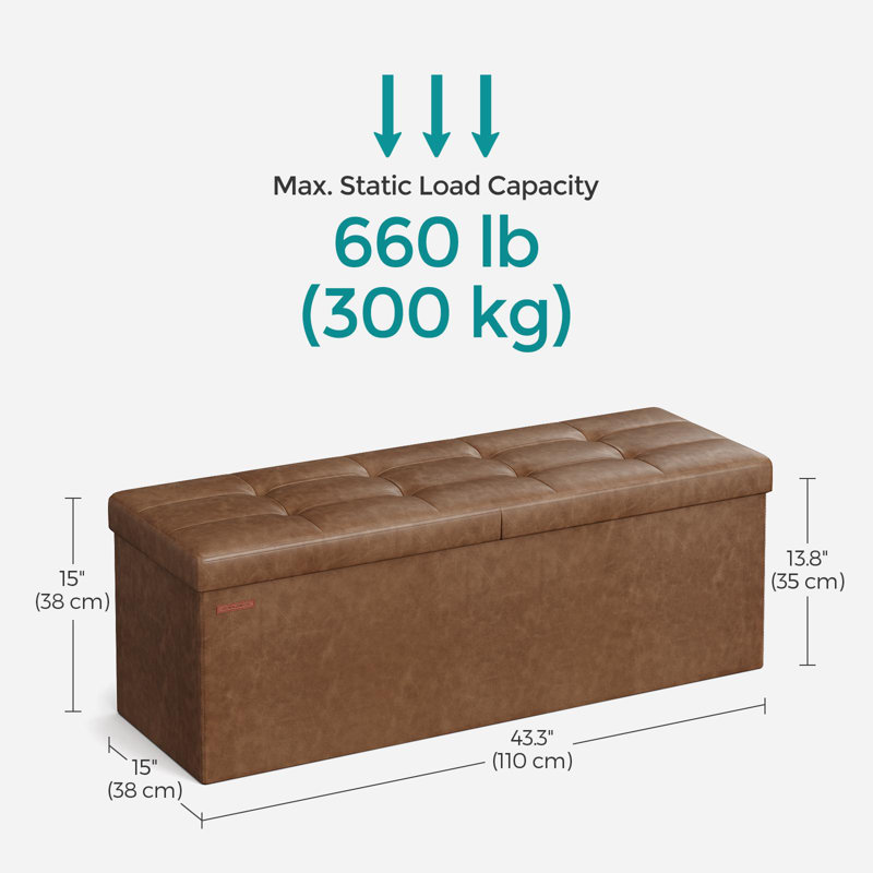 Folding Storage Ottoman, Coffee Brown, 15"H x 43.3"W x 15"D