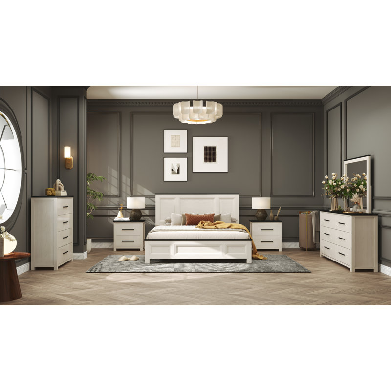 Roundhill Furniture Realynn 6-Piece Wood Bedroom Set, Panel Bed with Dresser, Mirror, Chest, and 2 Nightstands, Off-White Finish