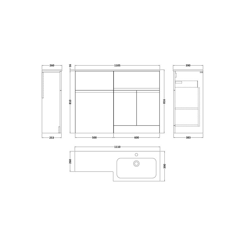 Hudson Reed Urban 1100mm Right-Hand 2 Door Satin Grey Floor Standing Combination Unit With Stone Basin, Satin Grey