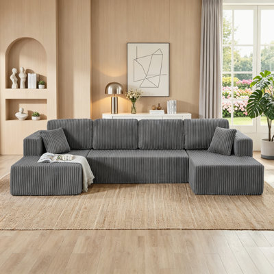 Grey  U-Shaped Modular Sectional Sofa, Compressed Corduroy Couch For Living Room
