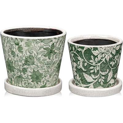 Ensemble de 2 pots à plantes en céramique verte avec trou de drainage et soucoupes, pots de fleurs décoratifs de style campagnard rétro pour plantes d'intérieur, pots de fleurs ronds, pots de cactus rustiques, pots de cactus en terre cuite 5,7 / 4,7 pouces