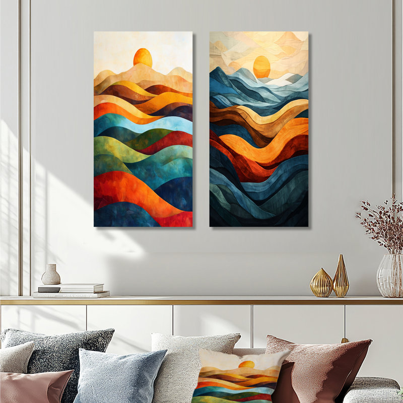 Orange, bleu sarcelle, montagnes audacieuses, paysage I, ensemble de 2 pièces d'art abstrait, Toile tendue, H 28 po x l 24 po