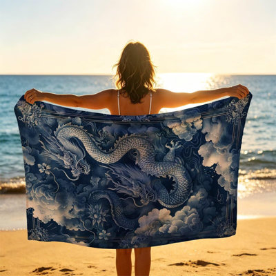 Serviette de plage de style chinois résistante au sable à séchage rapide, serviettes de plage Dragon Serviettes de bain confortables et surdimensionnées pour le yoga, piscine, pique-nique, couvertures, cadeaux essentiels pour le voyage, 50 x 60 po, et un sac en toile de style chinois gratuit est inclus