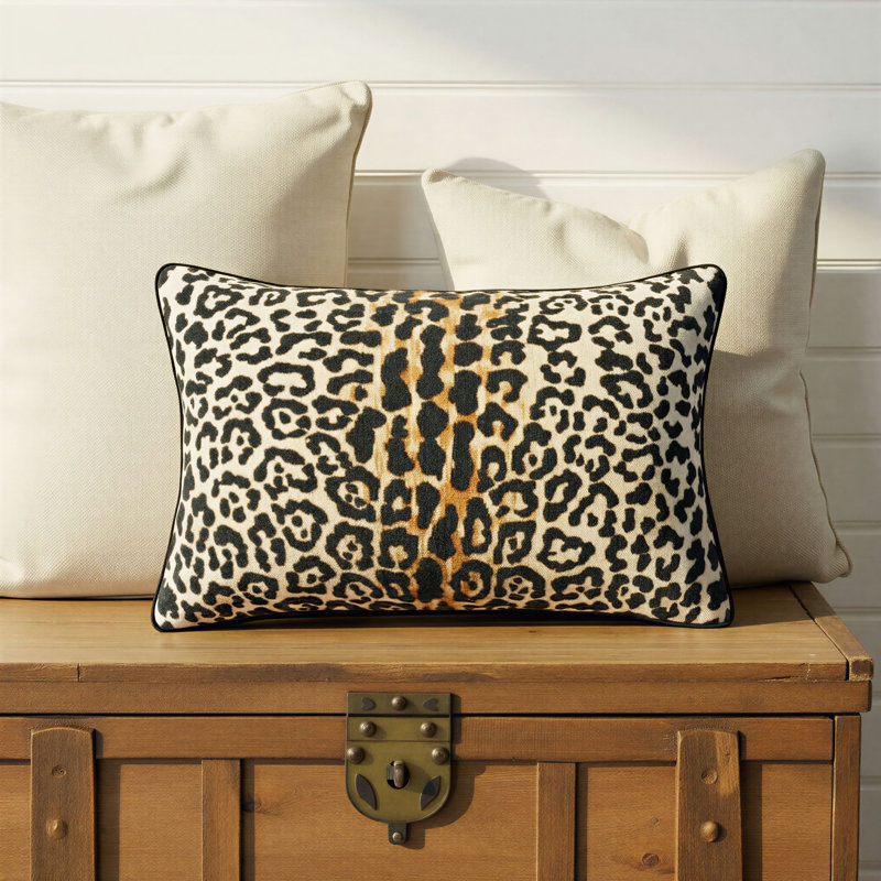 Leopard Print Piped Cotton Velvet Lumbar Pillow