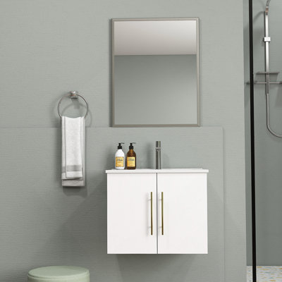 Meuble-lavabo mural avec lavabo et miroir, portes doubles, charnières à fermeture en douceur, lavabo en céramique, assemblage facile, poignées longues, rangement généreux