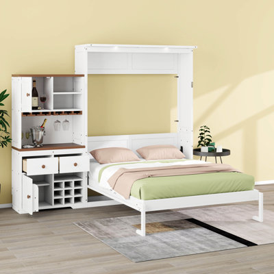 Queen Size Murphy Bed With Storage Cabinet, Wall Bed With Wine Rack, Glass Holder, Drawers And Multi-Colour LED Strip