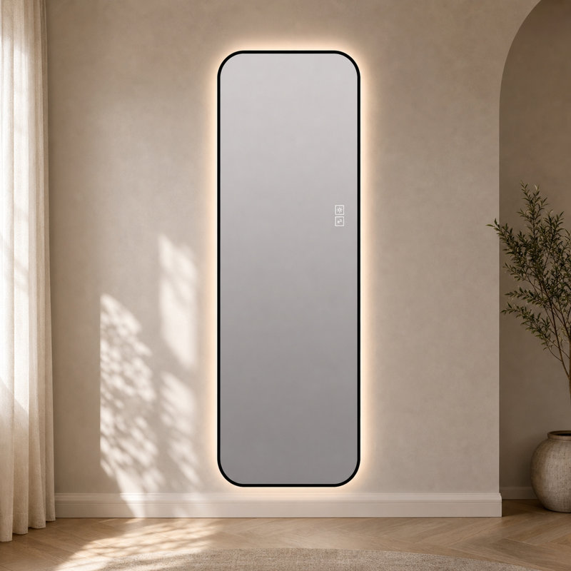Miroir pleine longueur 65 po x 24 po à DEL avec cadre en aluminium noir, trois températures de couleur et gradation continue