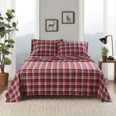 Ensemble de 3 draps 100% flanelle de coton à carreaux rouges pour lit simple / double convient à un matelas grand / très grand de 12 po en velours doux élastique de 14 po lavable à la machine - sans substances octogonales avec des taies d'oreiller plates