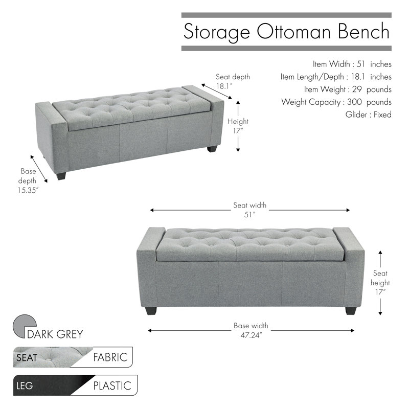 Addelina Fabric Upholstered Storage Bench, Dark Grey