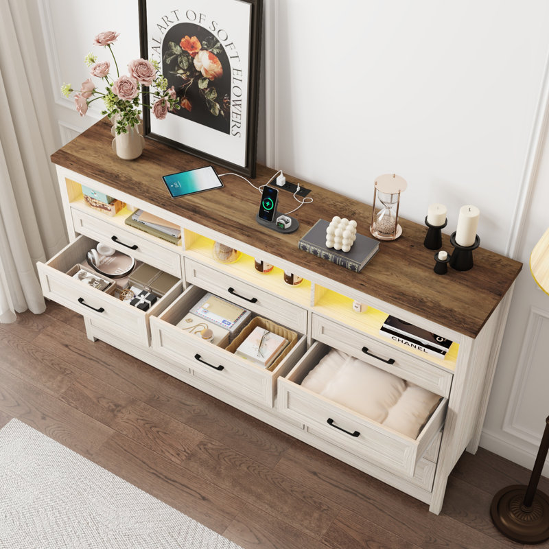 70.87" Farmhouse 12 Drawer Dresser, Long Dresser TV Stand With LED Lights & Charging Station, Chest Of Drawers, Brown/White