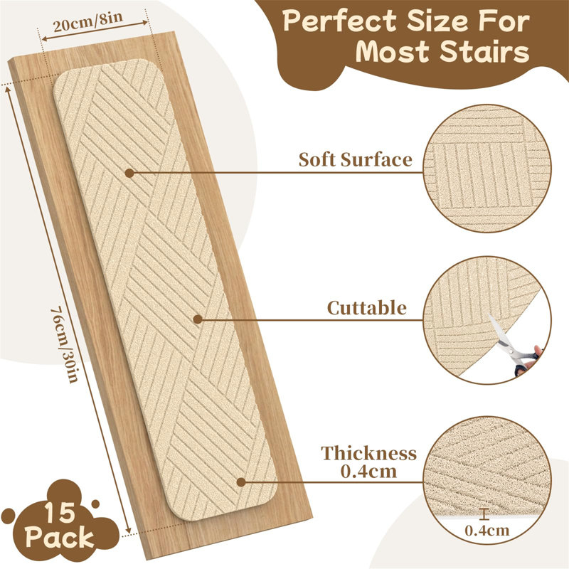 Non-Slip Stair Tread, 15 Pieces Included, Beige Geometric