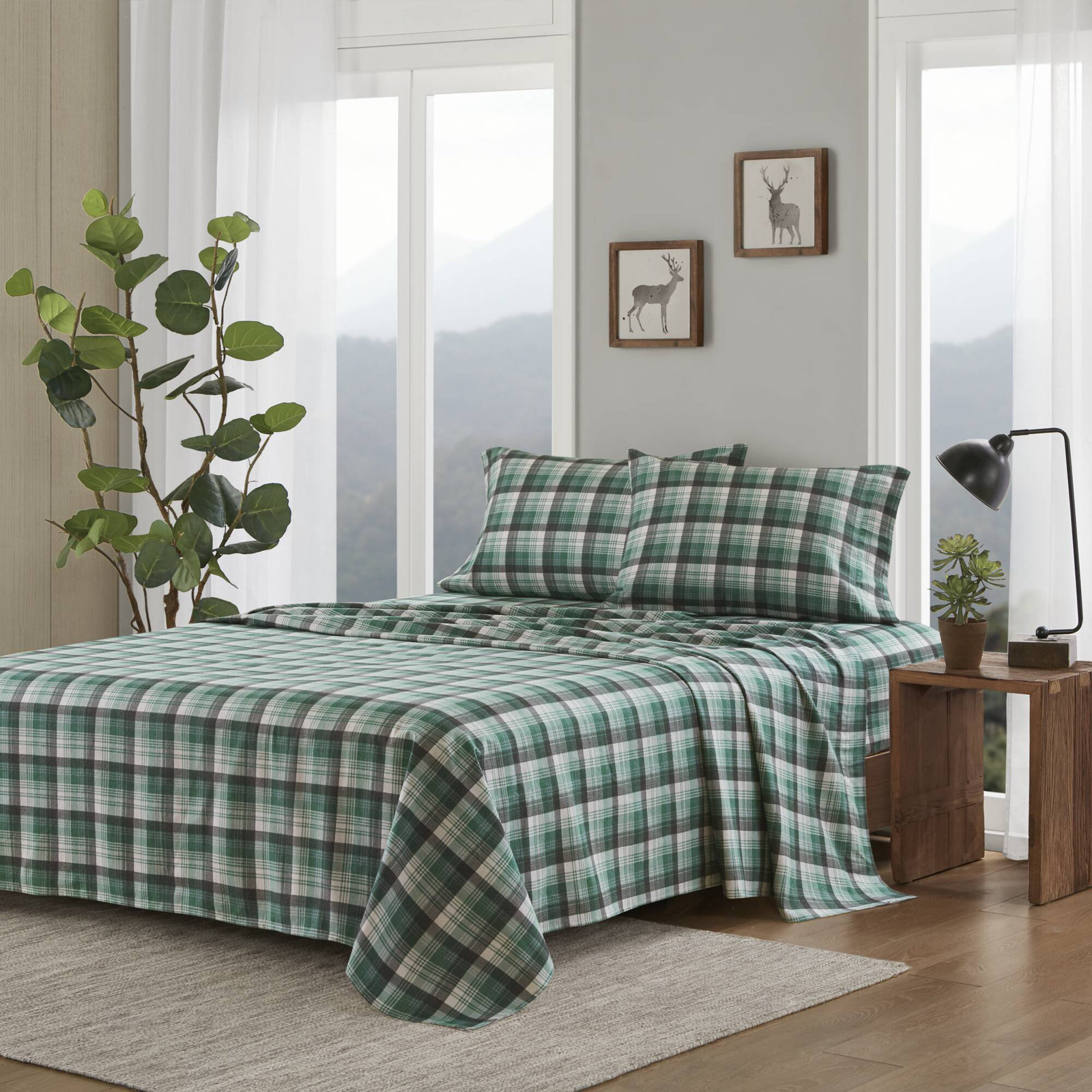 Woolrich 100% Cotton Flannel Sheet Set, California King Sheet Set with 2 Pillowcases, Grey Plaid