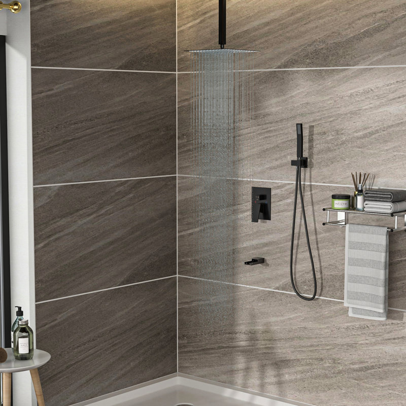 Système de douche avec fonction cascade - Plafonnier 12 po bronze huilé à 3 fonctions et soupape équilibrée à main - installation facile