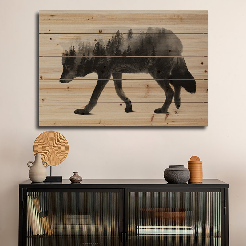Reproduction d'art mural en bois - Le loup I en noir et blanc par Andreas Lie, H 26 po x l 40 po