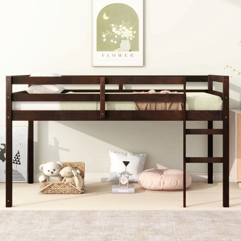 Solid Wooden, Rubber Wooden Twin Loft Bed With Ladder, Bed Platform Of Strengthened Slats, Espresso