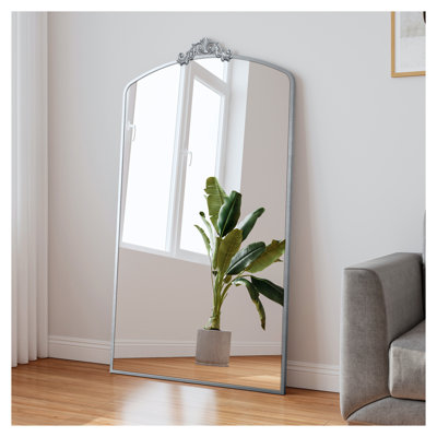 36x66 Inch Full Length Mirror - Vintage Ornate Arched Metal Framed Mirror, Antique Silver Floor Standing/Wall Mounted Dressing Mirror for Bedroom, Living Room, Entryway