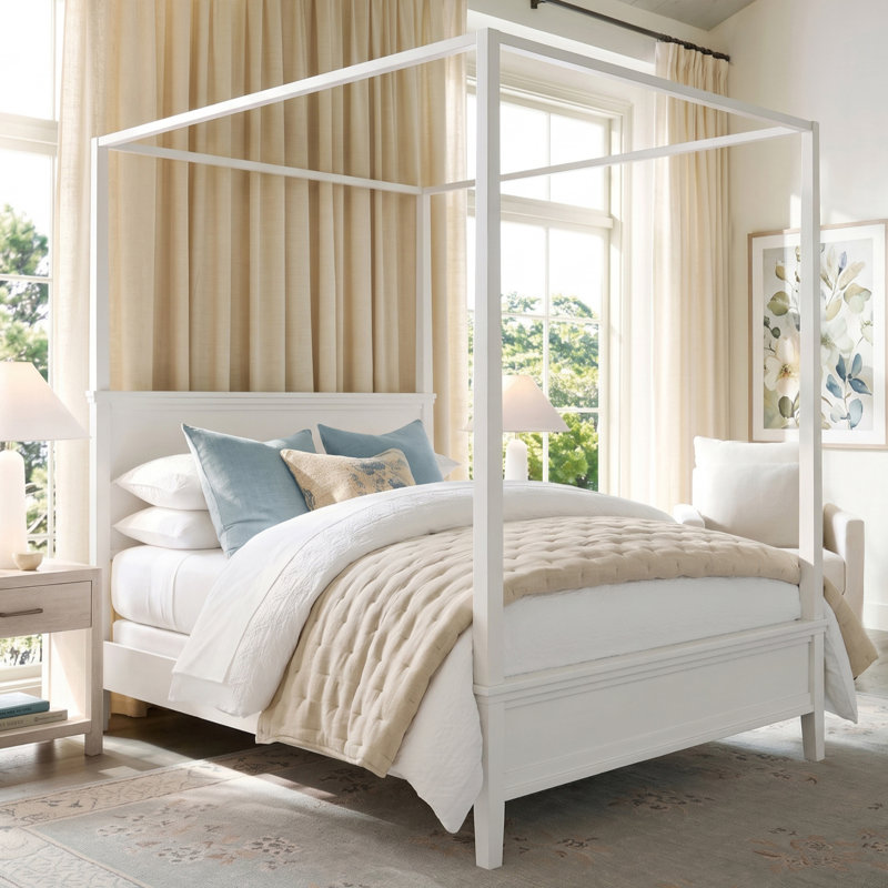 Lit plateforme à baldaquin Calder Queen en pin massif de style Mid-Century avec pieds fuselés, Grand lit, Blanc
