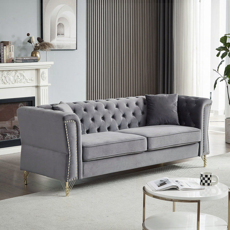 Canapé en velours capitonné, Gris, H 29,5 po x l 81,8 po x P 31,8 po