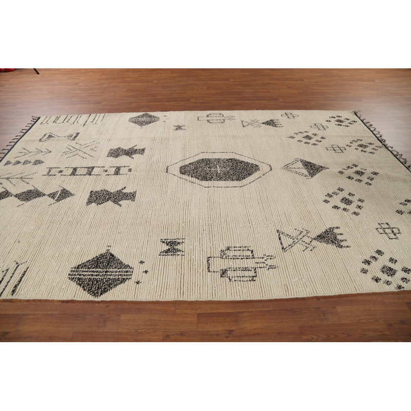 Tapis marocain ivoire en laine à motif géométrique 7 x 11