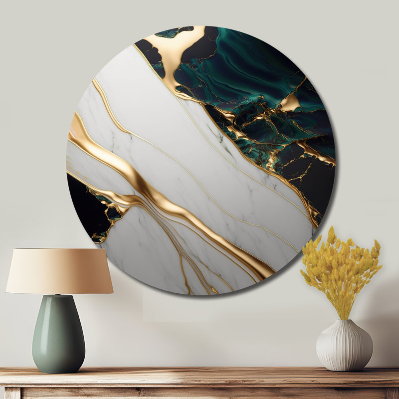 Géode abstraite dorée et marbre vert II - Art abstrait rond en métal, H 36 po x l 36 po