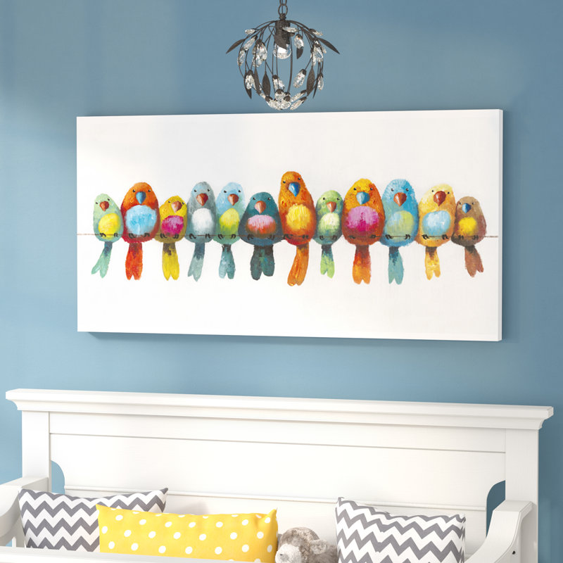 « oiseaux on a wire i », reproduction de peinture sur toile tendue, H 24 po x l 48 po x P 2 po