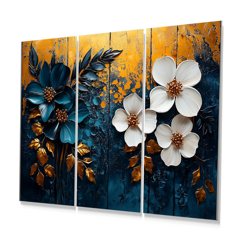 «Blue Polnesian Paradise Poppies Tiles II - Boho Tiles», ensemble de reproduction d'art mural, Métal métal