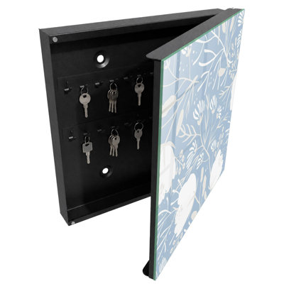 Key cabinet for wall, Opens to the left, 30x30x5, Black, Floral patterns on a light blue background, 