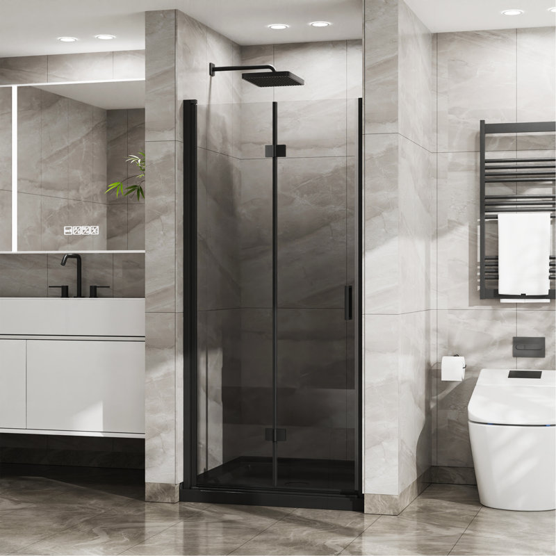 34"X 72" Bifold Frameless Glass Shower Door 1/4 Inch Tempered Clear Glass Pivot Swing Shower Panel, Black