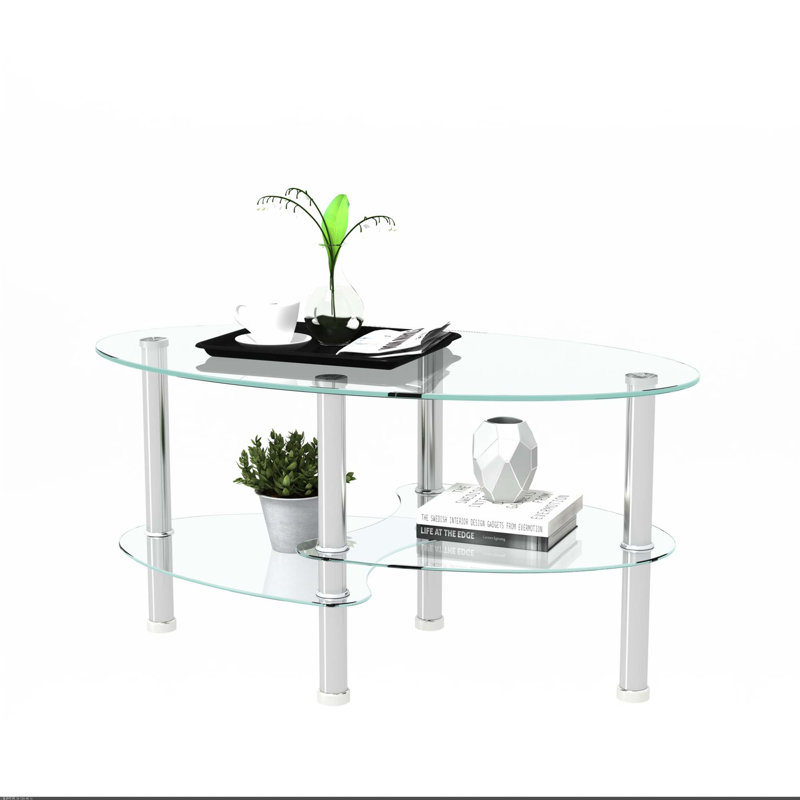Transparent Oval Glass Coffee Table, Transparent, Silver