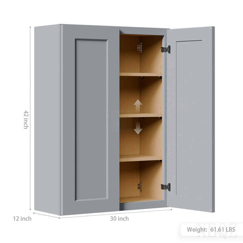 Gray Shaker Solid Wood Wall Cabinet With Soft-Close Doors, Adjustable Shelves - 30" Double Door Storage For Kitchen, Bathroom, Laundry, Garage (Easy Assembly, 30"W X 12"D X 42"H)