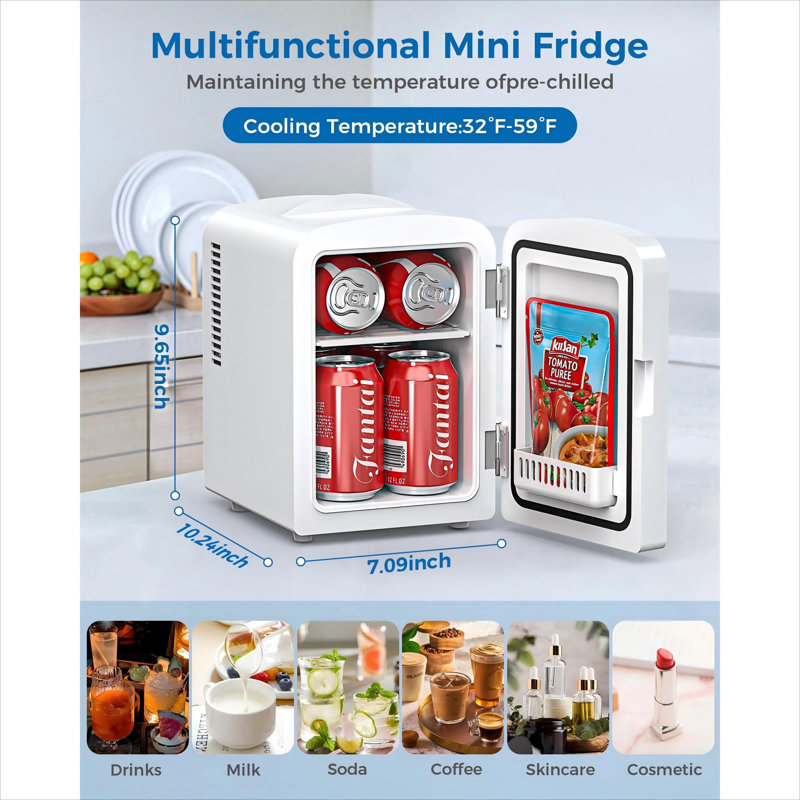 Portable Mini Fridge For Rv/Personal Use – 4L (Holds 6 Cans), Stainless Steel Door, 12V Ac/Dc, Perfect For Skincare & Makeup Storage.
