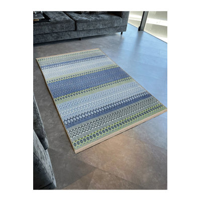 Blue Themed Stripe Geometric Patterned Fringed Vintage Decorative Carpet