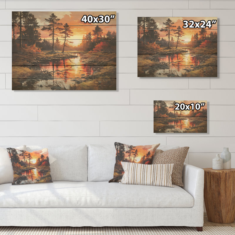Rivière, rivière, forêt, lever de soleil I - forêt, art mural sur bois de pin naturel, H 10 po x l 20 po
