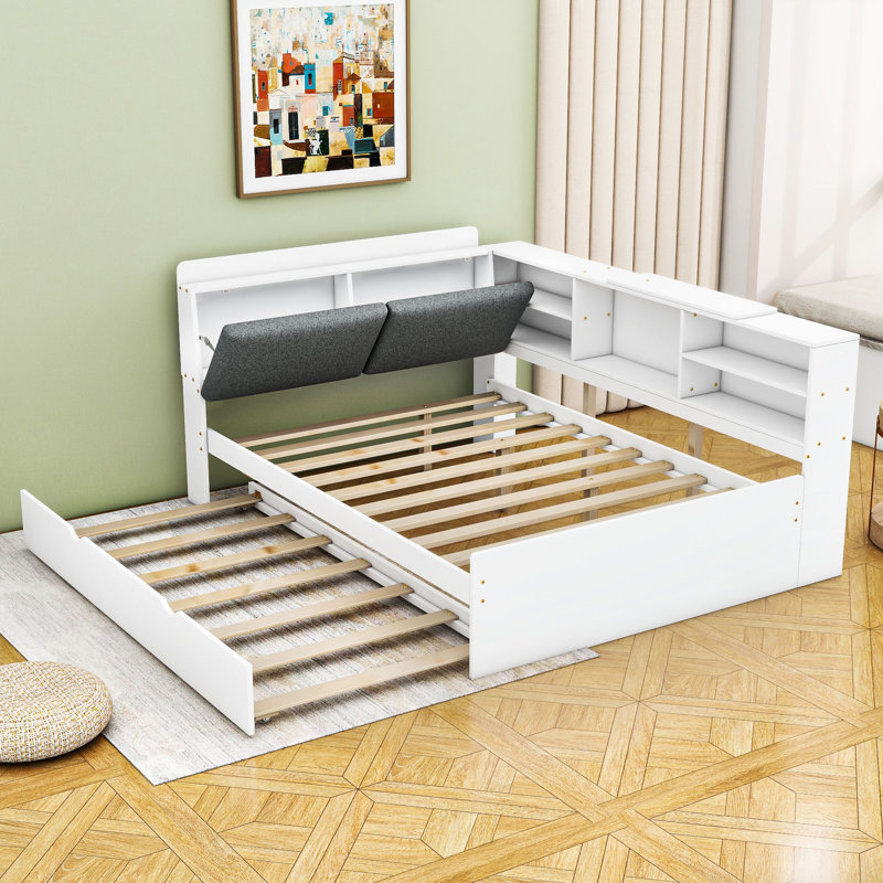 Lit plateforme en bois avec lit gigogne simple, tablettes de rangement et tête de lit, Double, Blanc
