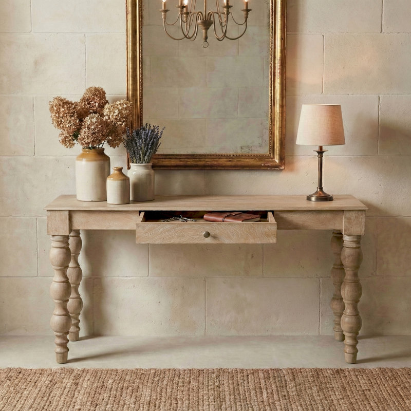 Console en bois massif de 60 po Braydan avec pieds tournés à la main - Naturel rustique, Rustique naturel