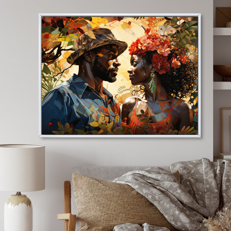 «African Couple Resilient I» - Art mural américain africain, H 30 po x l 40 po x P 1,5 po, Cadre flottant blanc