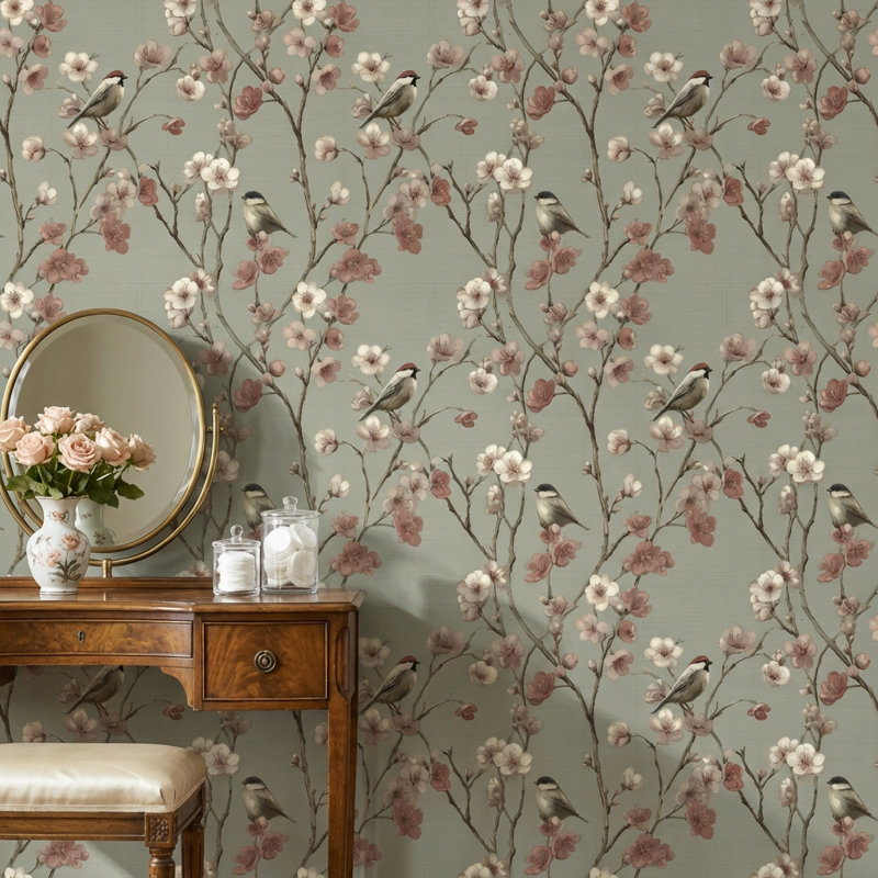 Papier peint rétro à motif floral oiseaux, Peler et coller