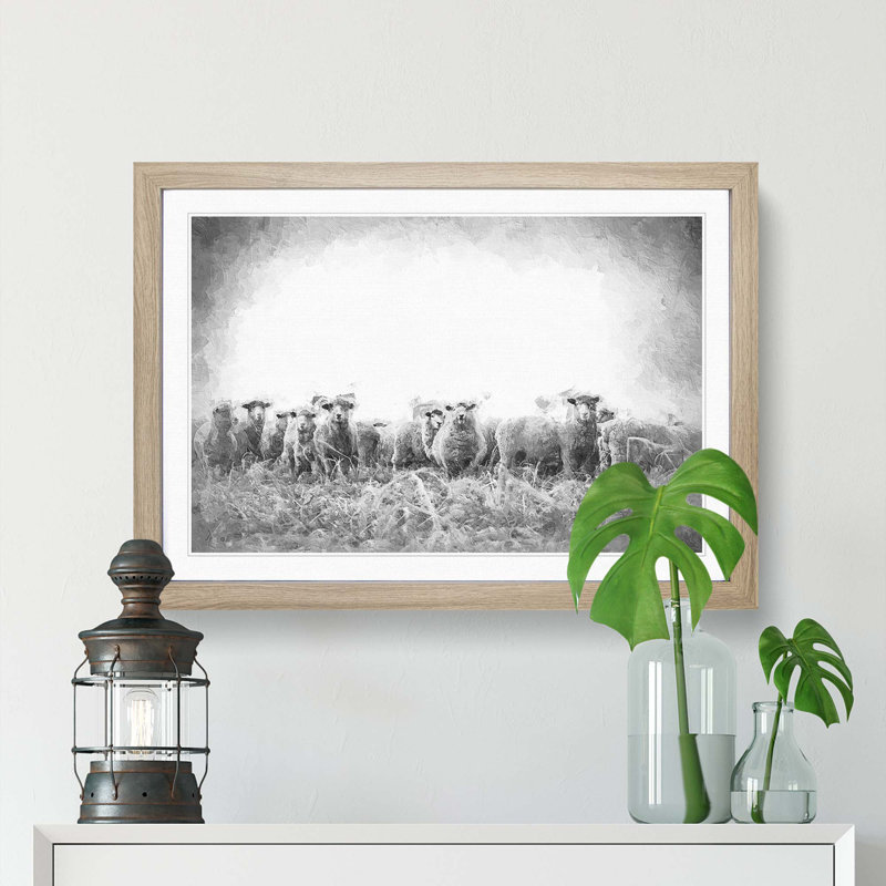 A Flock Of Sheep - Framed Print, 33cm H x 45cm W x 2cm D, Oak Framed