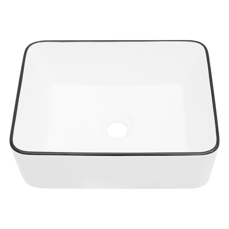 Modern White Ceramic Rectangular Vessel Sink 16X12 Inch - Versatile Bathroom Quality Design, White/Black