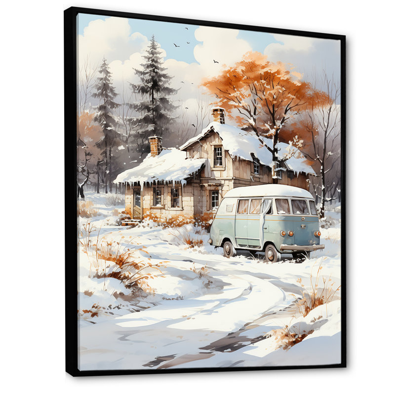 Winter Winter Cottage Retreat 2 - Art mural de voyage en camping, Cadre flottant noir, H 32 po x l 24 po x P 1 po