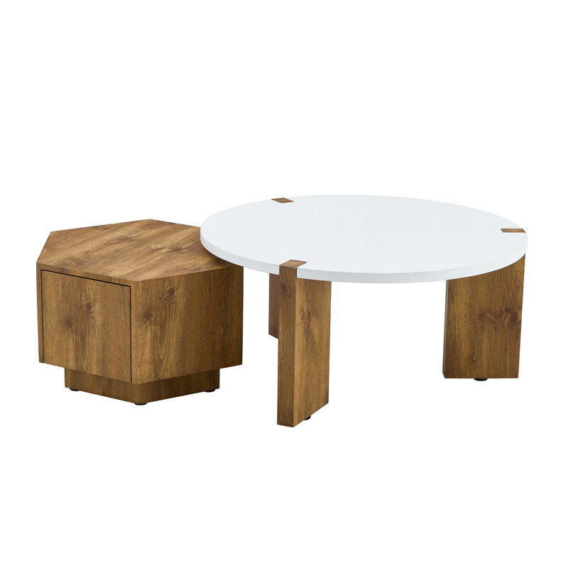 Coffee Table Set Of 2, Hexagonal Drum Coffee Table With Drawer Storage And 3 Legs Round Coffee Table