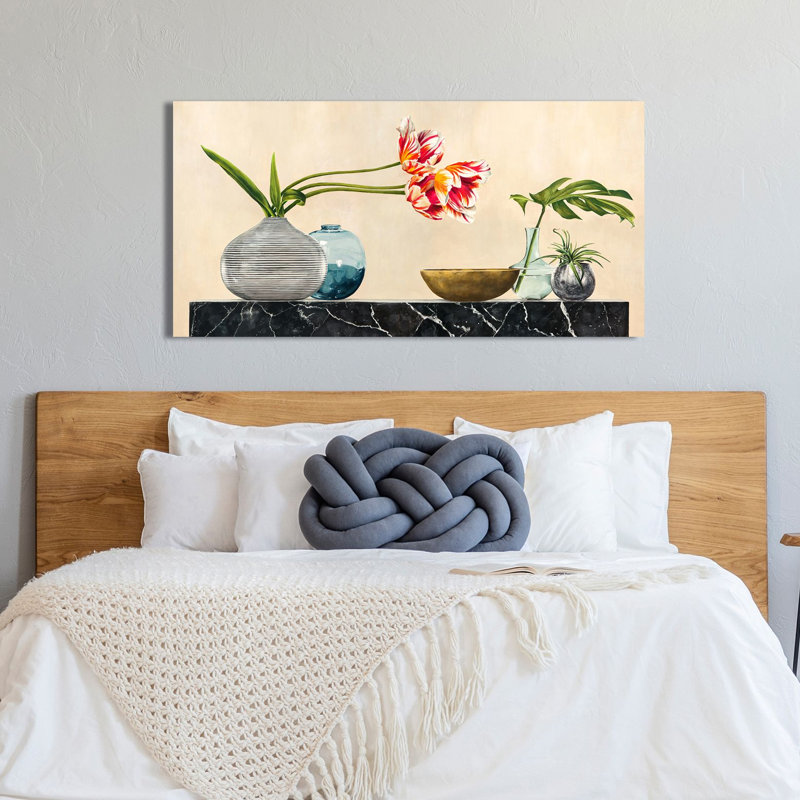 2JT6246 Floral Setting on Black Marble 1 Piece Wrapped Canvas Wall Art, 35cm H x 70cm W x 4cm D
