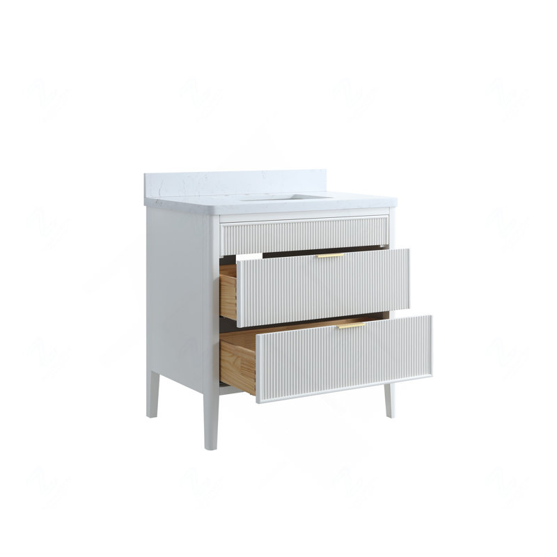 Ensemble de meuble-lavabo autoportant blanc 36 po avec 2 ensembles de poignées et plateau en marbre d'ingénierie entièrement assemblé