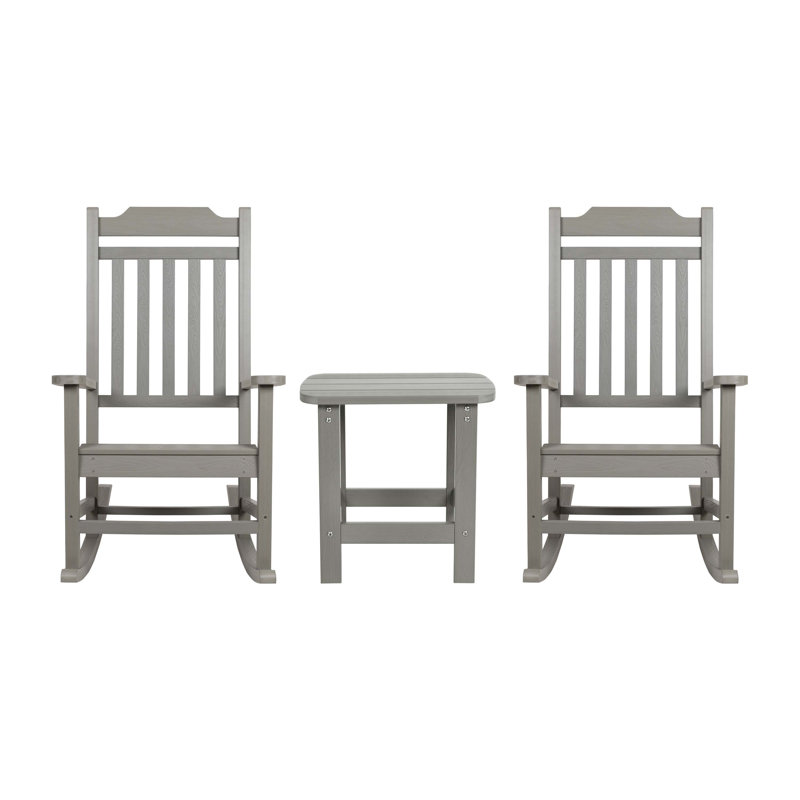 Ensemble de 3 chaises berçantes en résine de polyester toutes saisons avec table d'appoint décorative, Gris