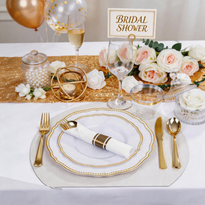 Vaisselle jetable en or blanc 175 pièces pour mariage et fête