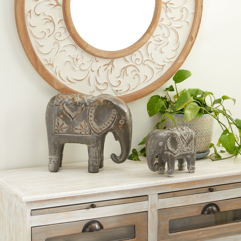 Petite sculpture de famille éléphant en céramique brun Ensemble de 2 : L 13 po x L 9 po