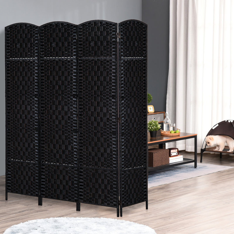 Écran d'intimité à 4 panneaux Black Weave. Élégant pour les salles d'entraînement, avec un design élégant et une fonction pliante portative, un paravent de 6 pi de hauteur - noir. Cloisons de séparation, panneaux, charnières, compact